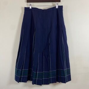 Vintage L.L. Bean Wool Pleated Midi Skirt Navy Plaid Scotland Made Preppy Retro